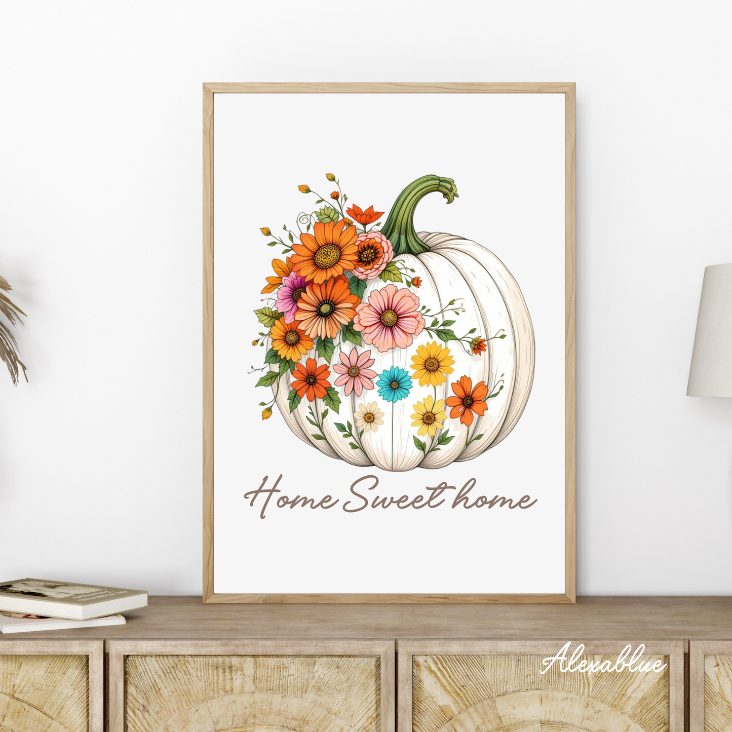 Home Sweet Home Autumn Flower & Pumpkin Poster | Stylish Nordic Style Interior Art A4 Wall Hanging Wall Decor