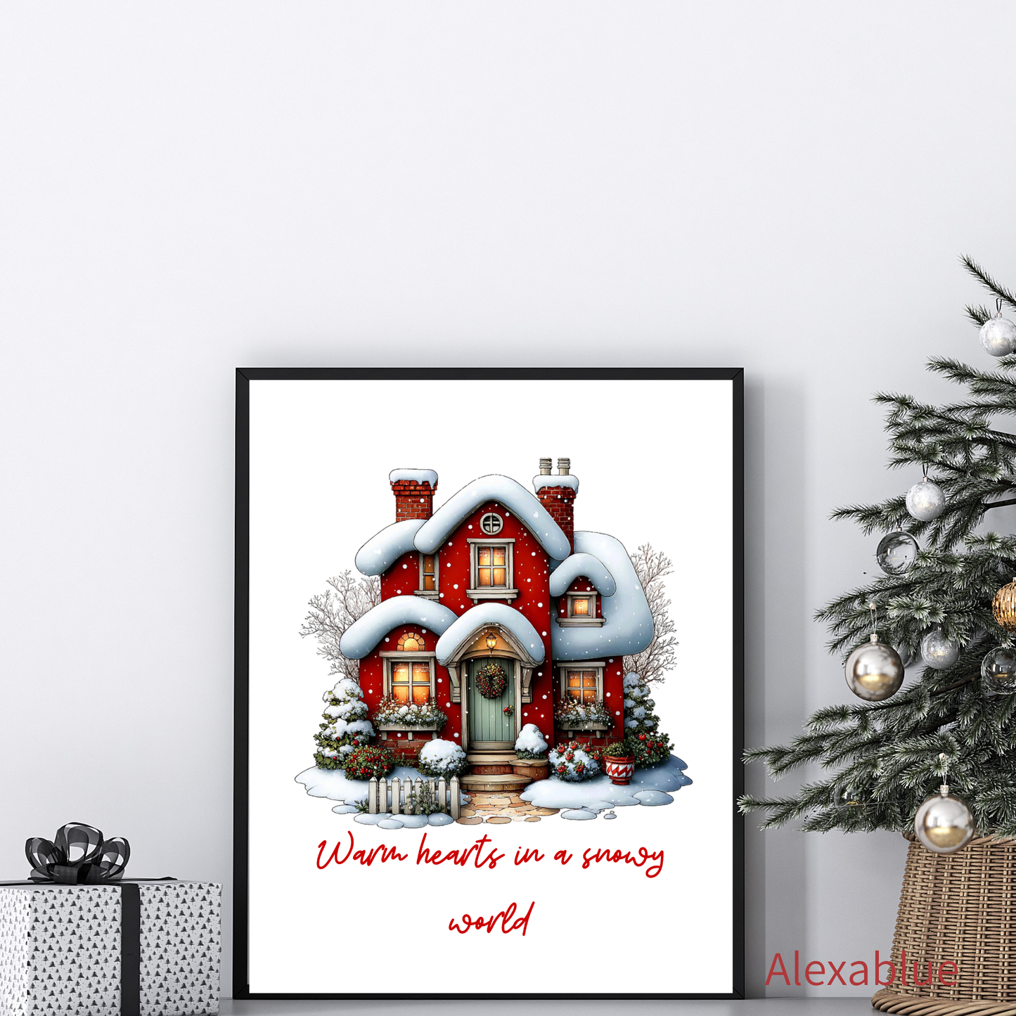 Snowy Red Cottage|Christmas Poster of a Red House in the Snow|Cute Winter Interior Art