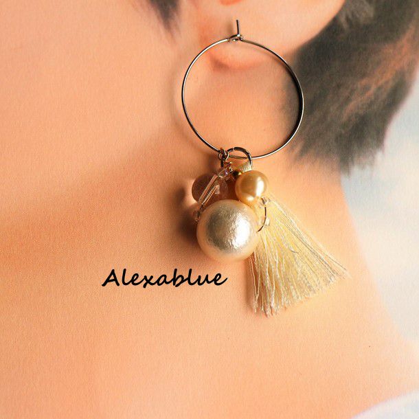 Cotton Pearl White Tassel Hoop Earrings Crystal Quartz Earrings April Birthstone cotton pearl tassel crystal earrings