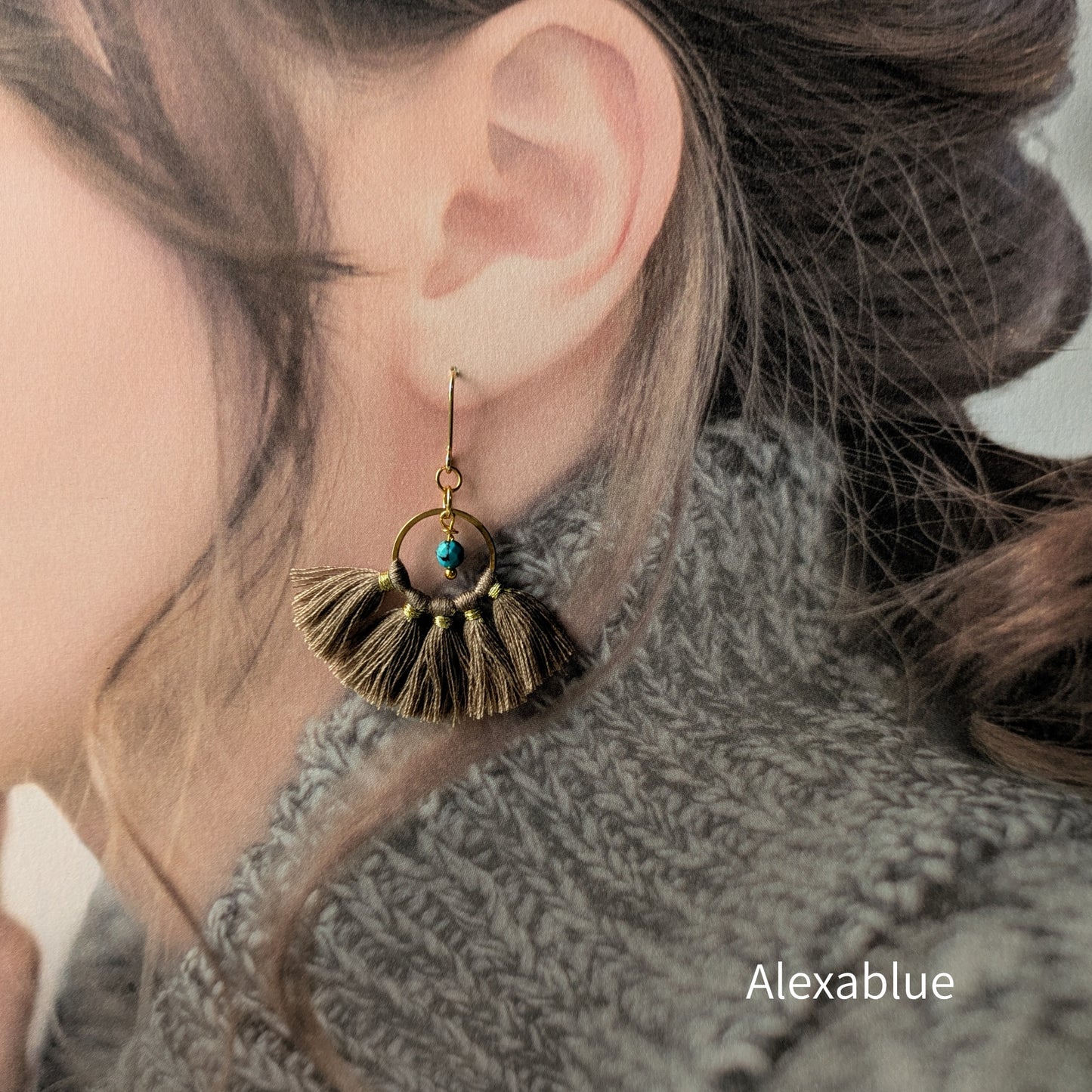 Turquoise Tassel Earrings | Military Green & Beige | December Birthstone Earrings