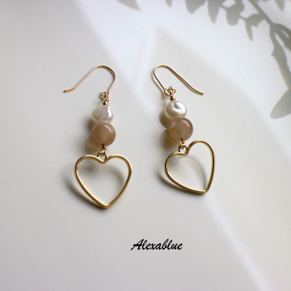 Orange Moonstone Freshwater Pearl Heart Earrings K14gf Earrings June Birthstone