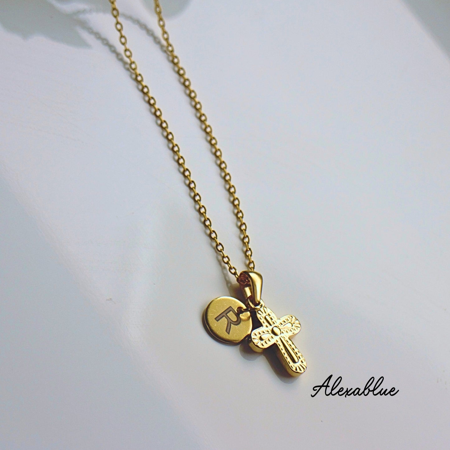 Unisex Small Cross Initial Necklace with Onyx, August Birthstone, Stainless Steel Necklace, Matching Pair Necklace