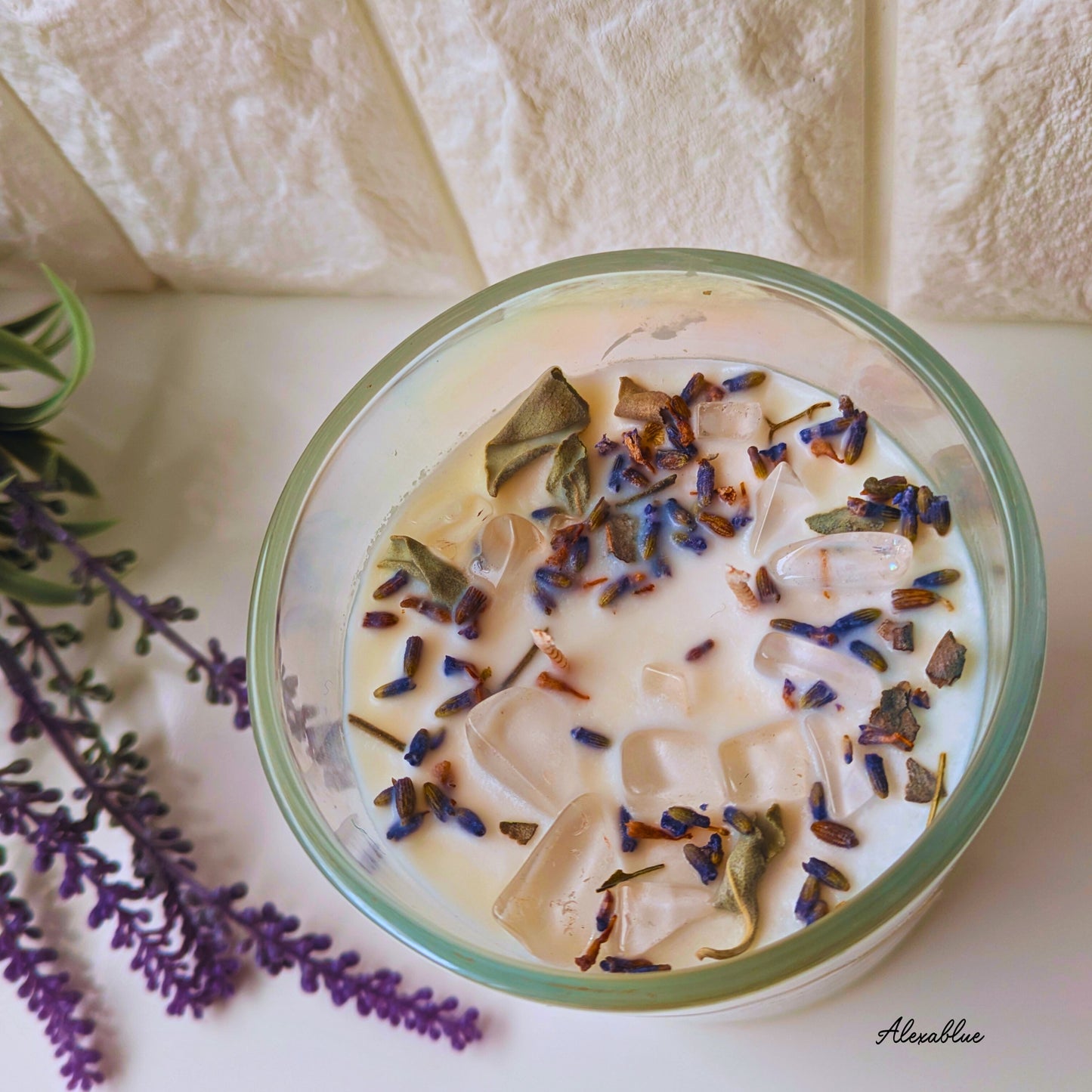 White Sage & Lavender Crystal Quartz Aroma Soy Candle (M Size) Gemstone Candle Botanical Candle