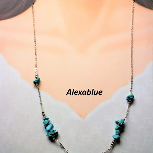 Silver chain necklace with turquoise natural stone beads displayed on model