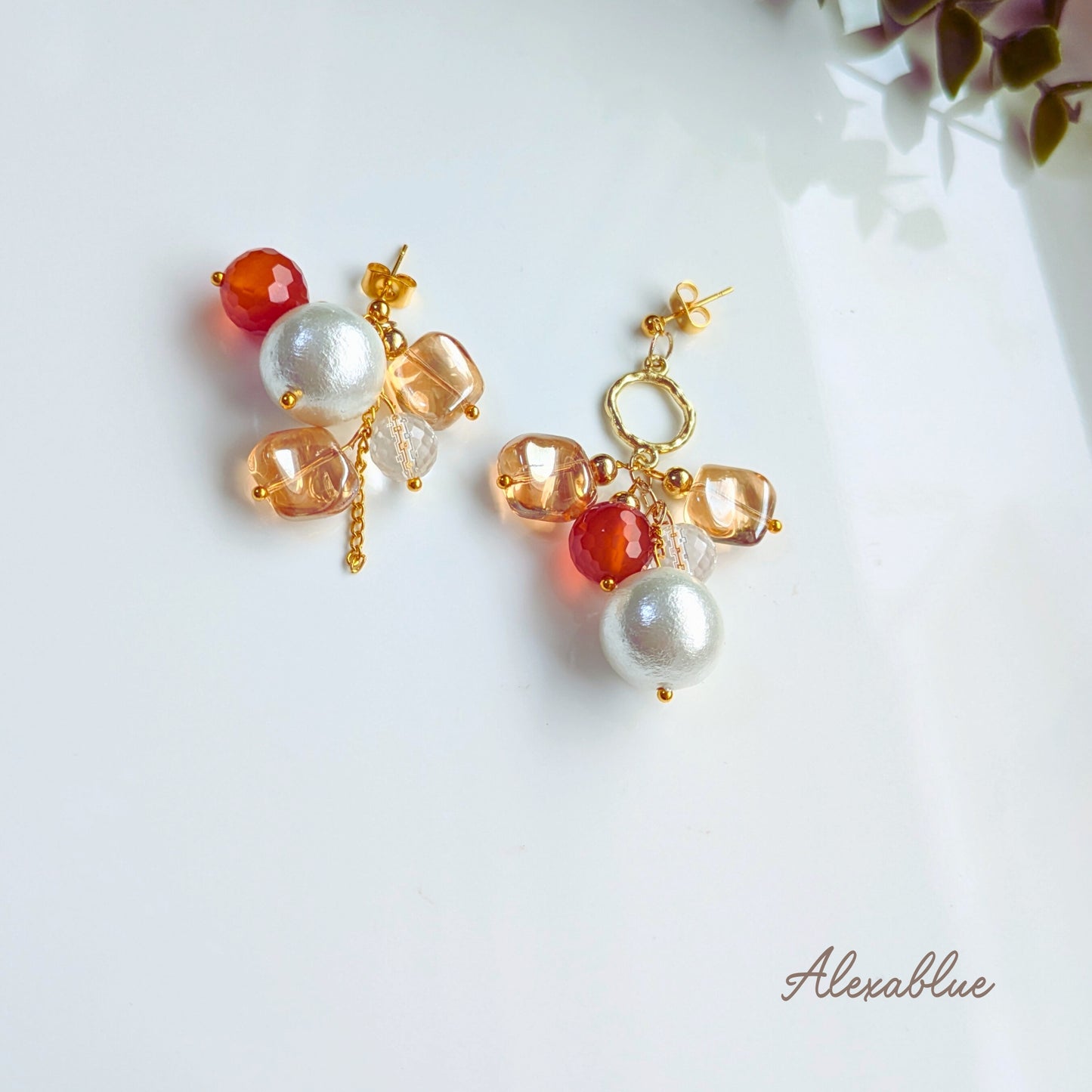 Fall Glow Asymmetrical Earrings with Orange Carnelian and Cotton Pearls | Surgical Stainless Steel | Alexablue Original