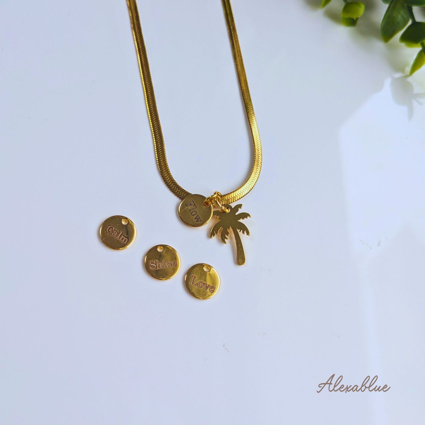 Calm & Glow Palm Tree Necklace | Choose Your Affirmation Charm Necklace (Calm / Flow / Shine / Love)
