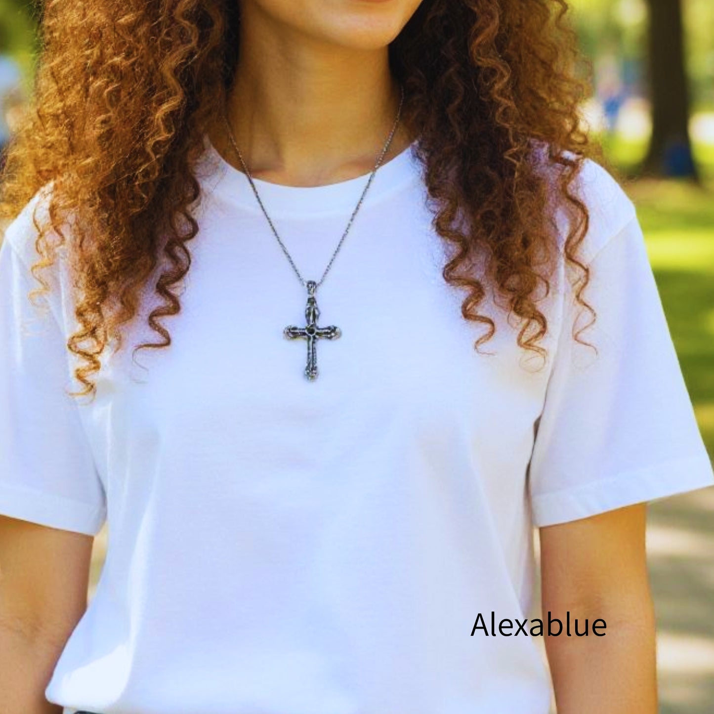 Vintage Style BIG Cross Charm x Onyx Stainless Steel Unisex Necklace - August Birthstone