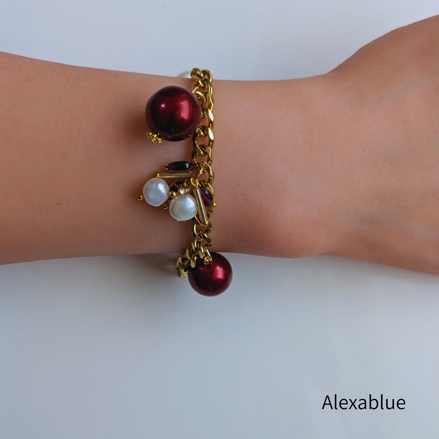 Garnet x Freshwater Pearl Christmas Jewelry Set | Red Pearl Bracelet & Large Earrings (Elegant Party Accessories)