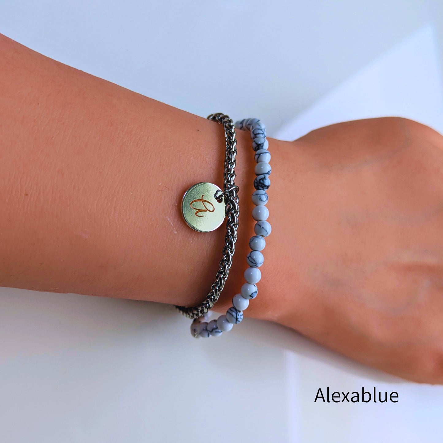 Howlite Pulse Chain Bracelet | Small Howlite x Stainless Steel Double Bracelet | Lapis Lazuli x Initial Charm of Your Choice