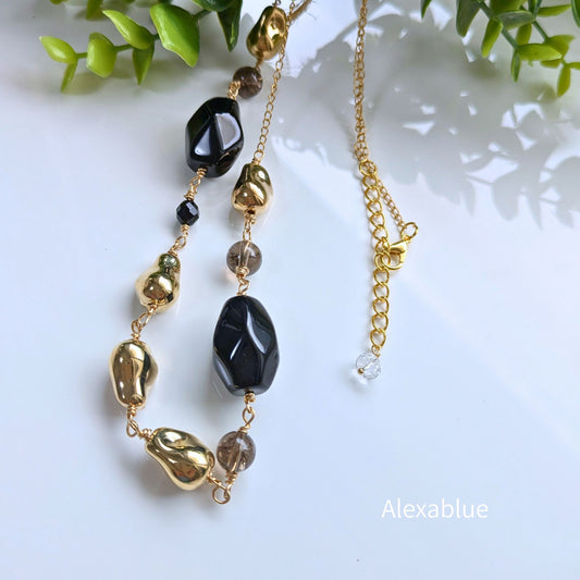 Onyx × Smoky Quartz Mode Long Necklace|Black & Brown|Stainless Chain