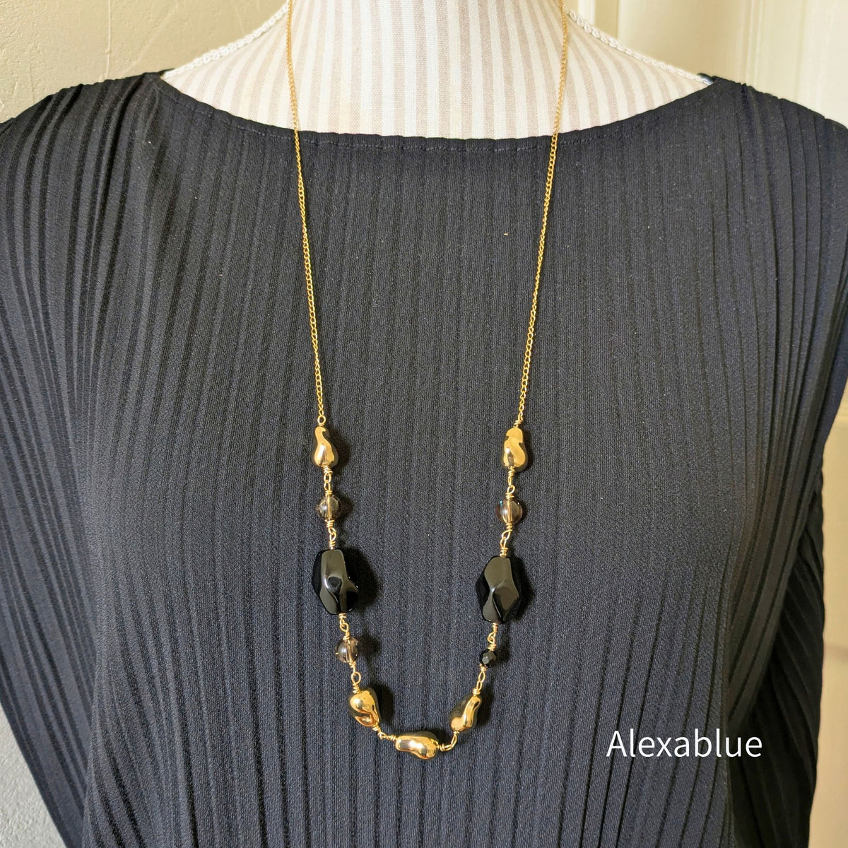 Onyx × Smoky Quartz Mode Long Necklace|Black & Brown|Stainless Chain