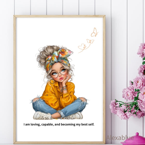 I Am Becoming My Best Self|Girly Affirmation Poster|Girl Illustration Interior Art