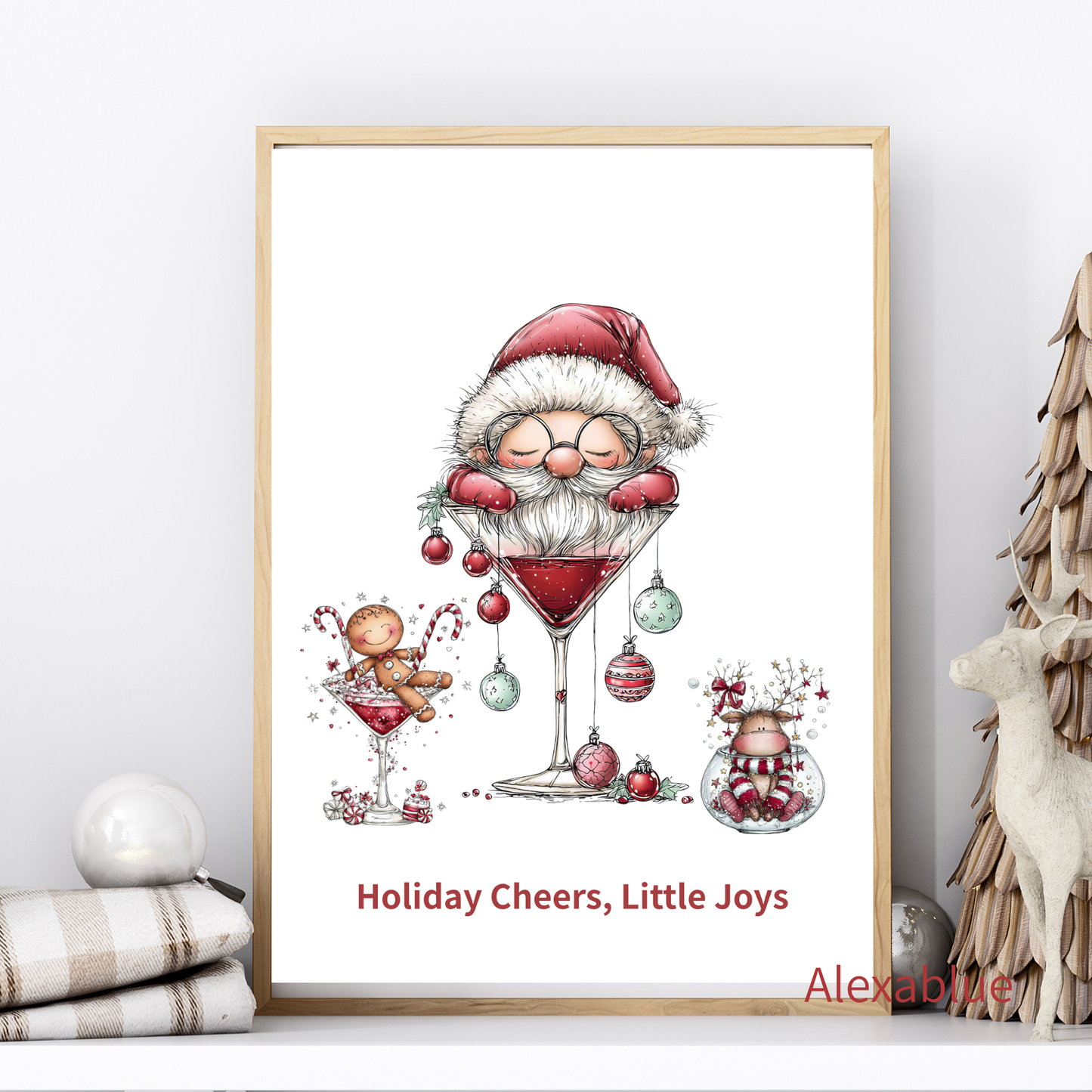 Holiday Cheers, Little Joys|Holiday Interior Poster ~Wine Santa & Gingerbread Holiday Party Art~