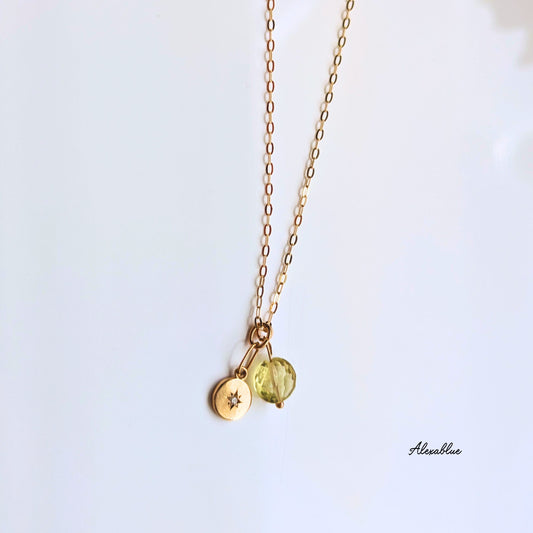 Lemon Quartz K10 Diamond Coin Necklace - April Birthstone