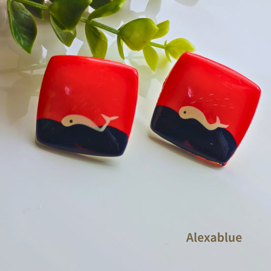 Antique Whale Art Earrings | US purchase, square-shaped, whale swimming design, antique earrings