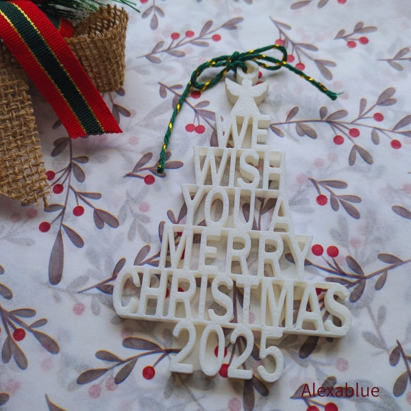 We Wish a Merry Christmas 2025｜White Letter 3D Print Christmas Tree Ornament｜Monotone Chic Interior