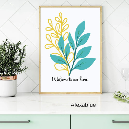 Framed botanical wall art with 'Welcome to our home' text, modern kitchen decor