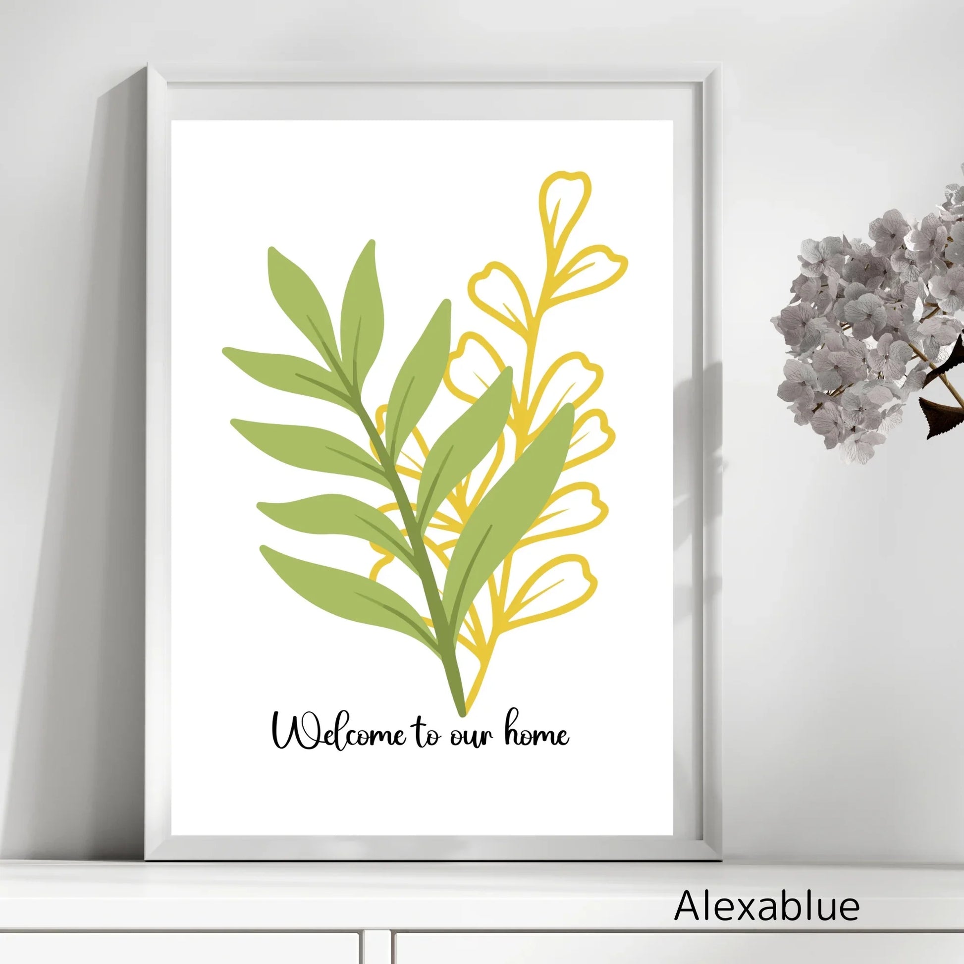 Minimalist floral welcome home art print in white frame, green and yellow botanical decor