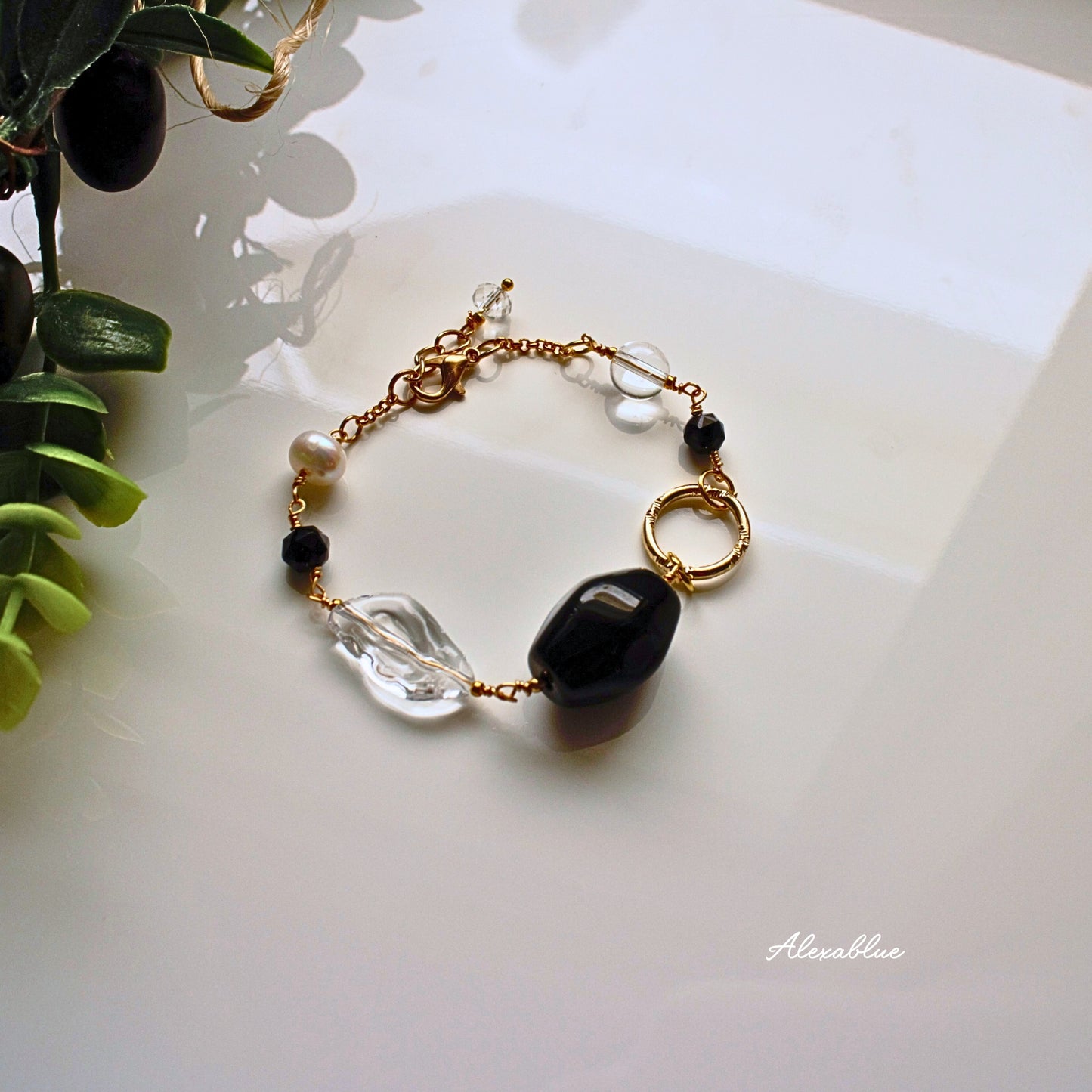 Onyx & Crystal Quartz Bracelet, Natural Stone Bracelet, August Birthstone Bracelet