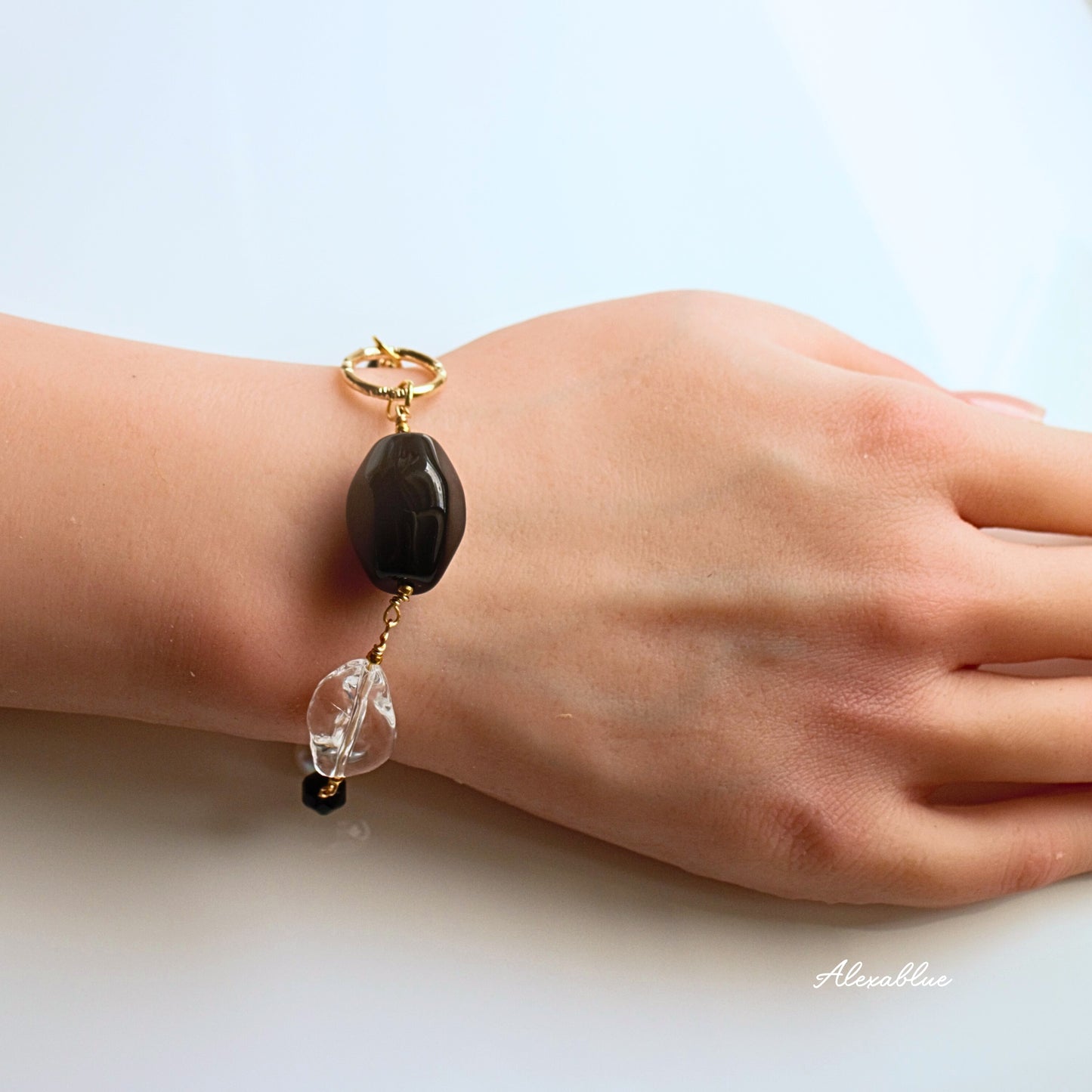 Onyx & Crystal Quartz Bracelet, Natural Stone Bracelet, August Birthstone Bracelet