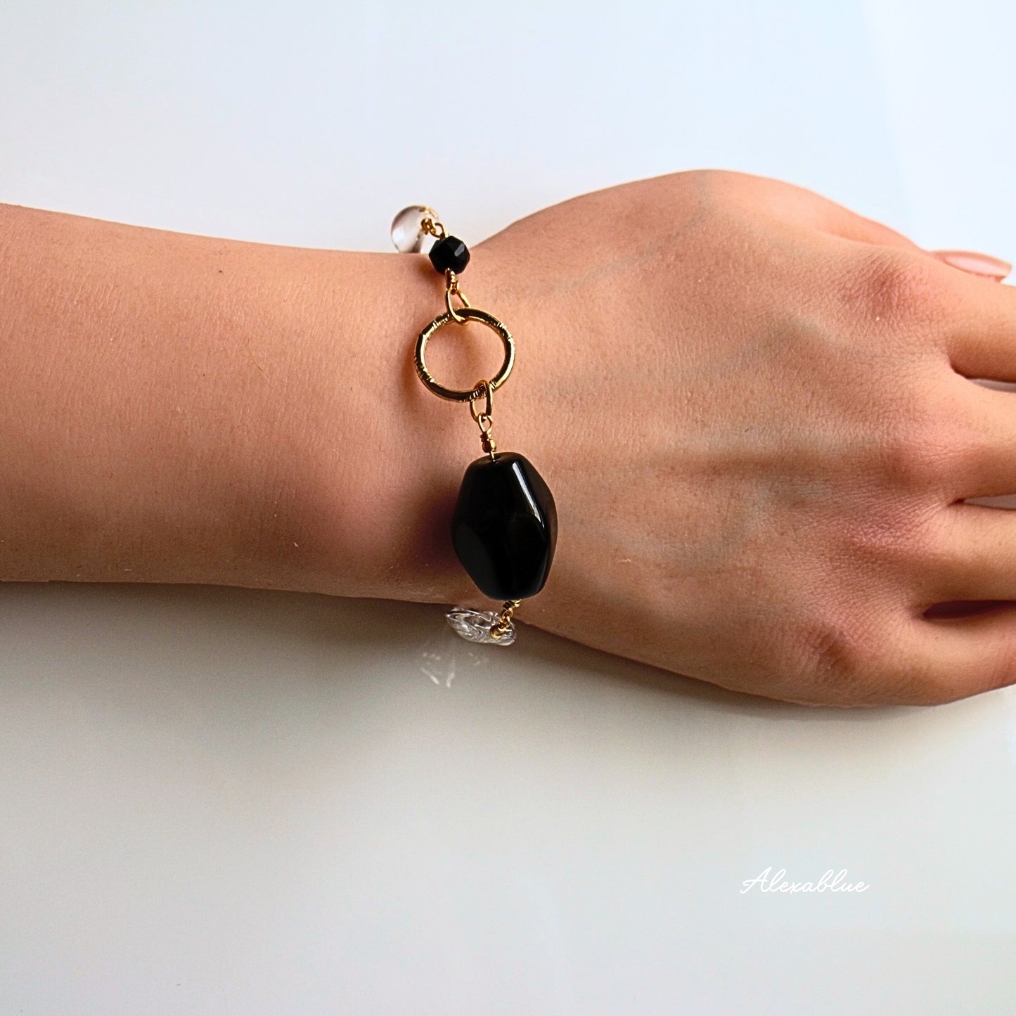 Onyx & Crystal Quartz Bracelet, Natural Stone Bracelet, August Birthstone Bracelet