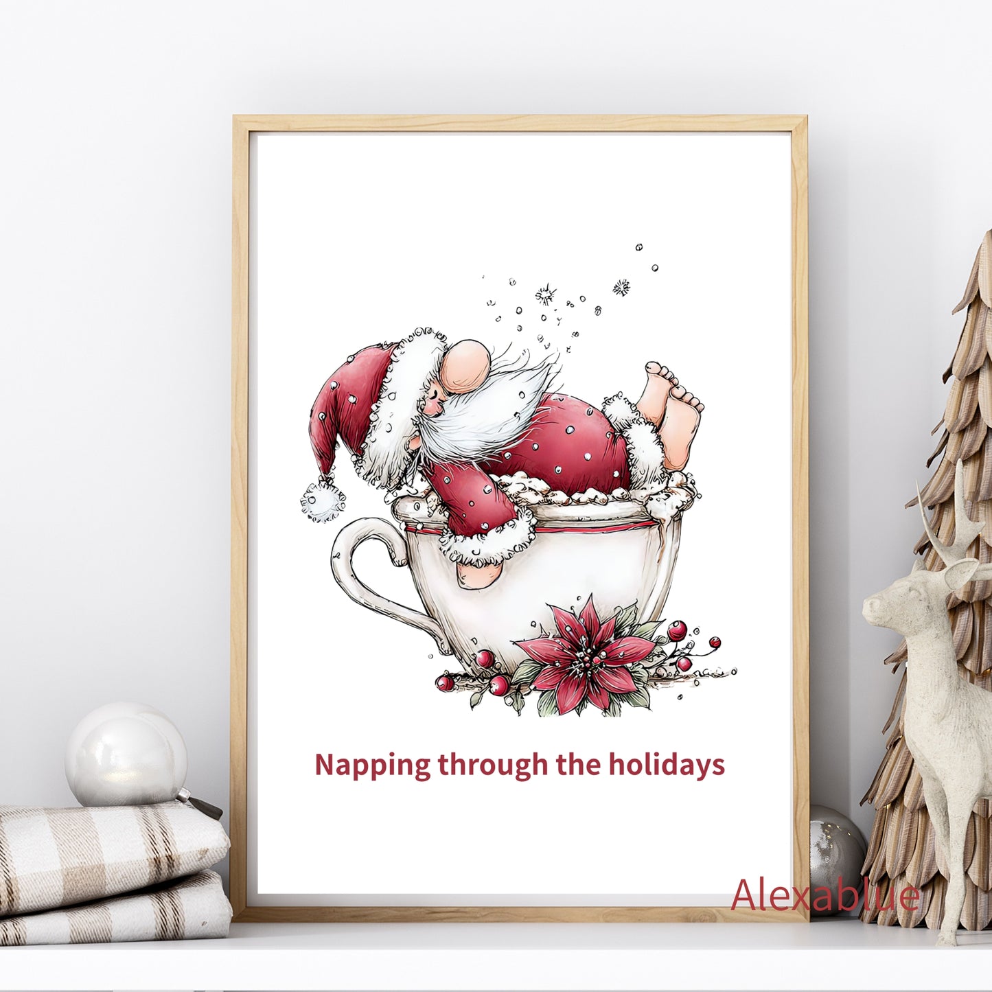 Napping Through the Holidays | Napping Santa Illustration Poster in a Coffee Cup
