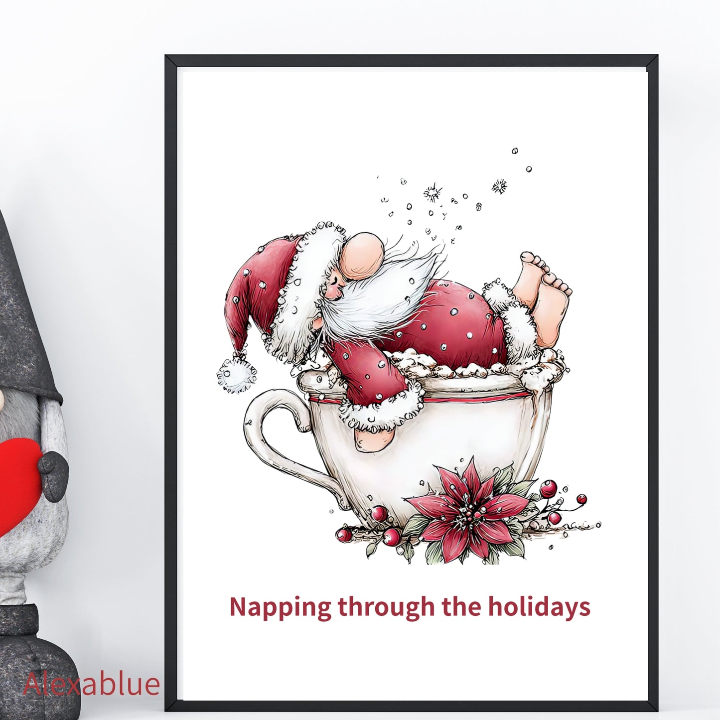 Napping Through the Holidays | Napping Santa Illustration Poster in a Coffee Cup
