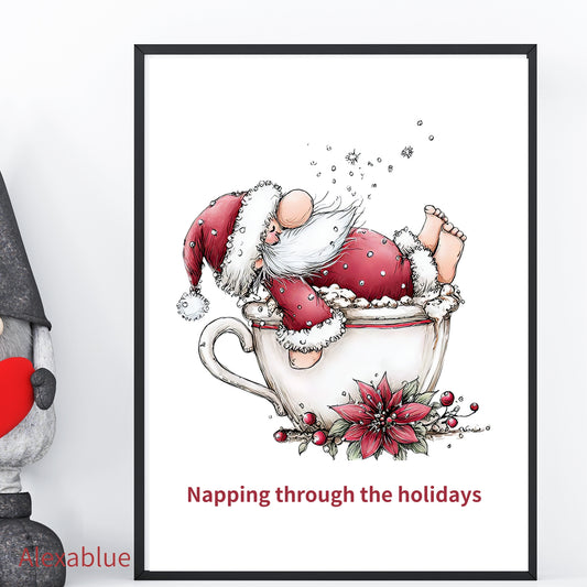 Napping Through the Holidays | Napping Santa Illustration Poster in a Coffee Cup