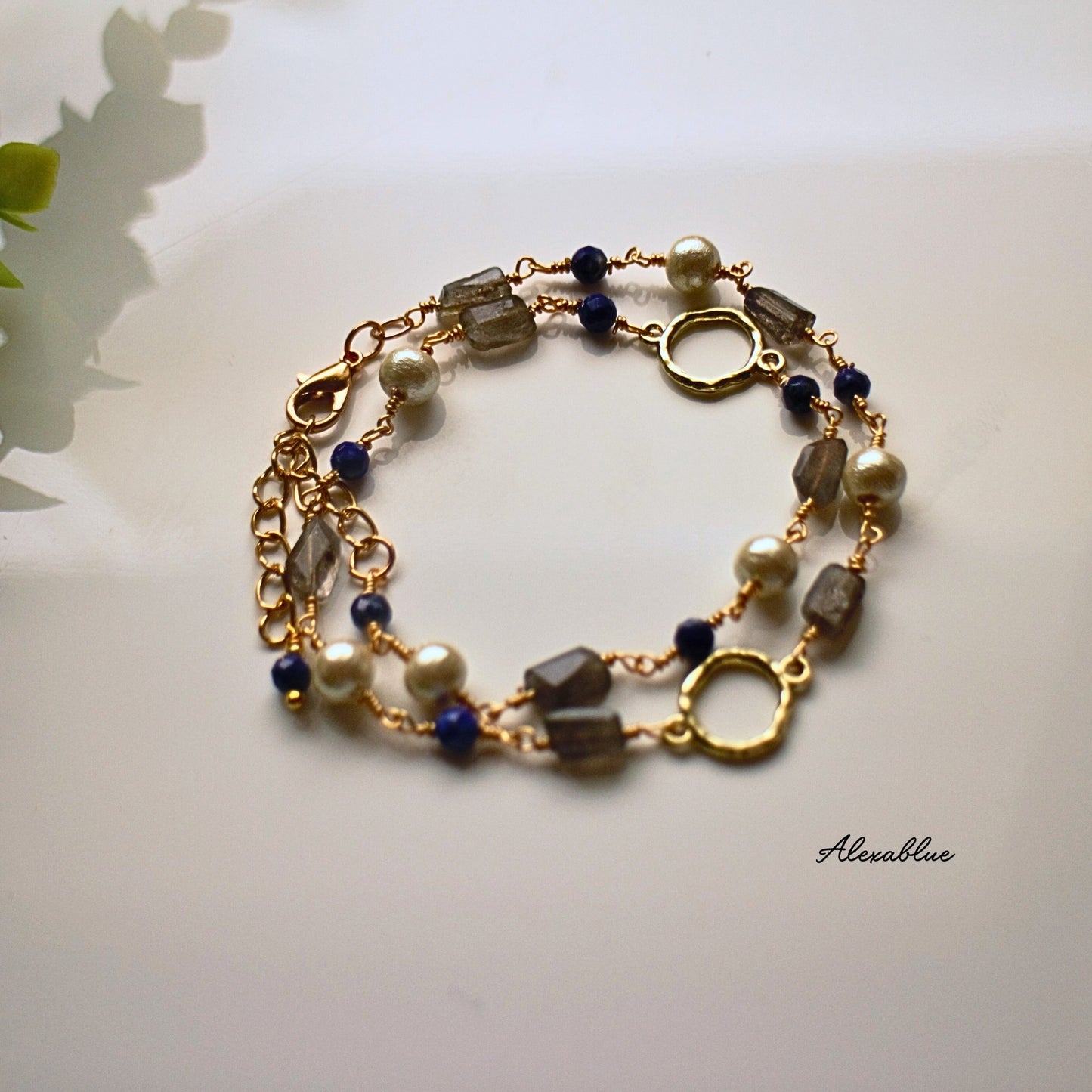 2-WAY Labradorite & Lapis Lazuli Cotton Pearl Bracelet/Necklace - Natural Stone Bracelet, December Birthstone Accessory