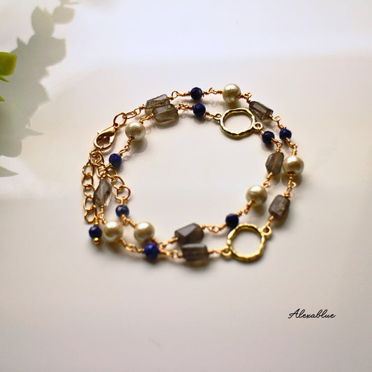 2-WAY Labradorite & Lapis Lazuli Cotton Pearl Bracelet/Necklace - Natural Stone Bracelet, December Birthstone Accessory