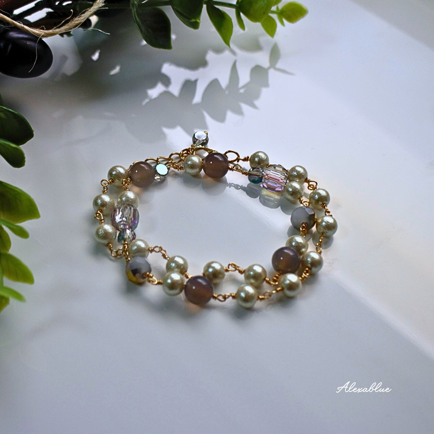2-Way Gray Agate & Cotton Pearl Bracelet Choker Natural Stone Bracelet