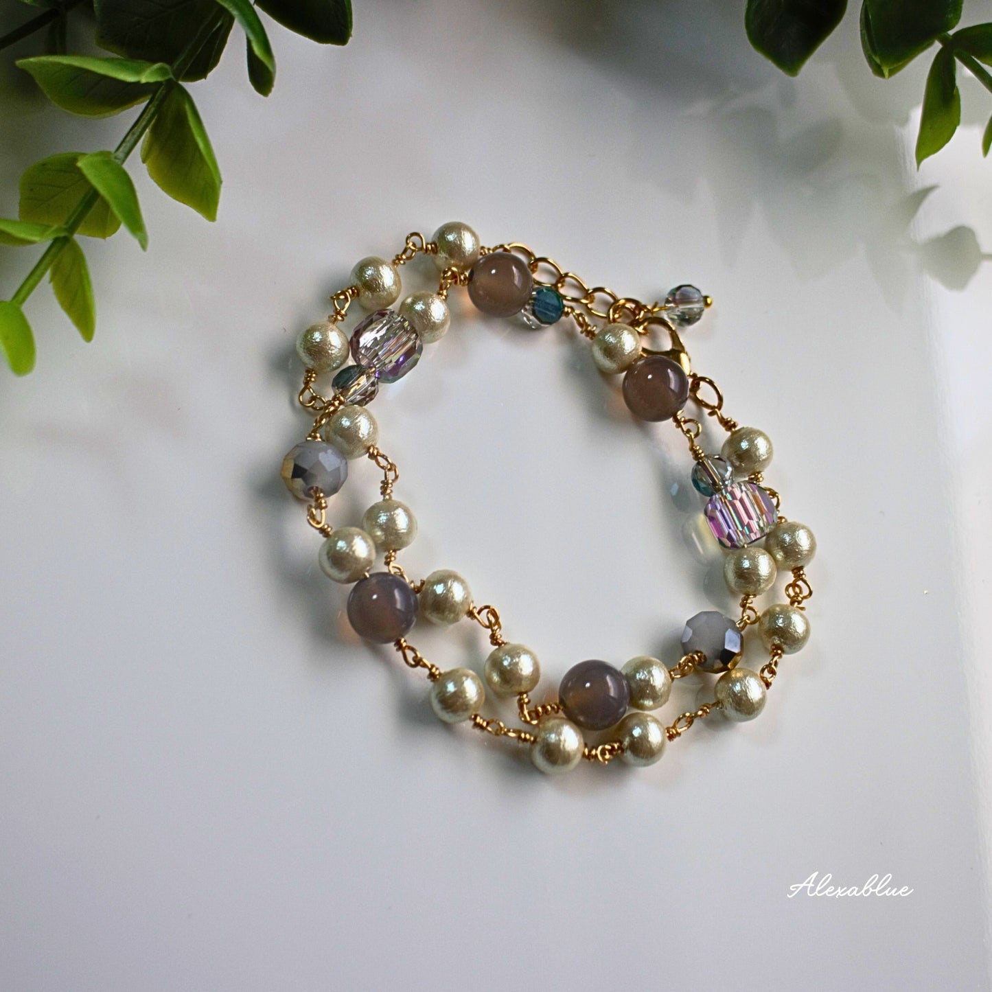 2-Way Gray Agate & Cotton Pearl Bracelet Choker Natural Stone Bracelet