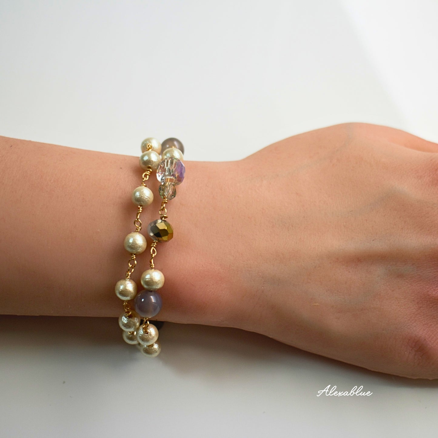 2-Way Gray Agate & Cotton Pearl Bracelet Choker Natural Stone Bracelet