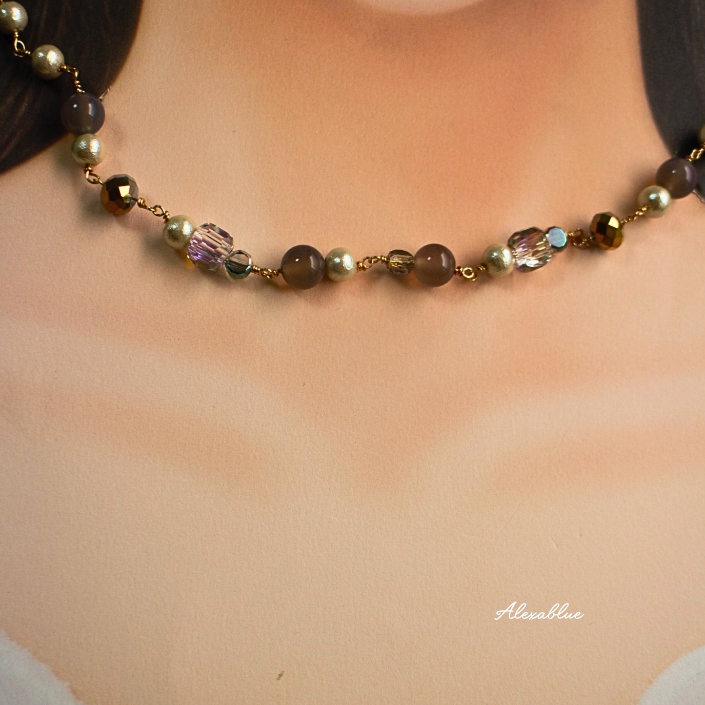 2-Way Gray Agate & Cotton Pearl Bracelet Choker Natural Stone Bracelet