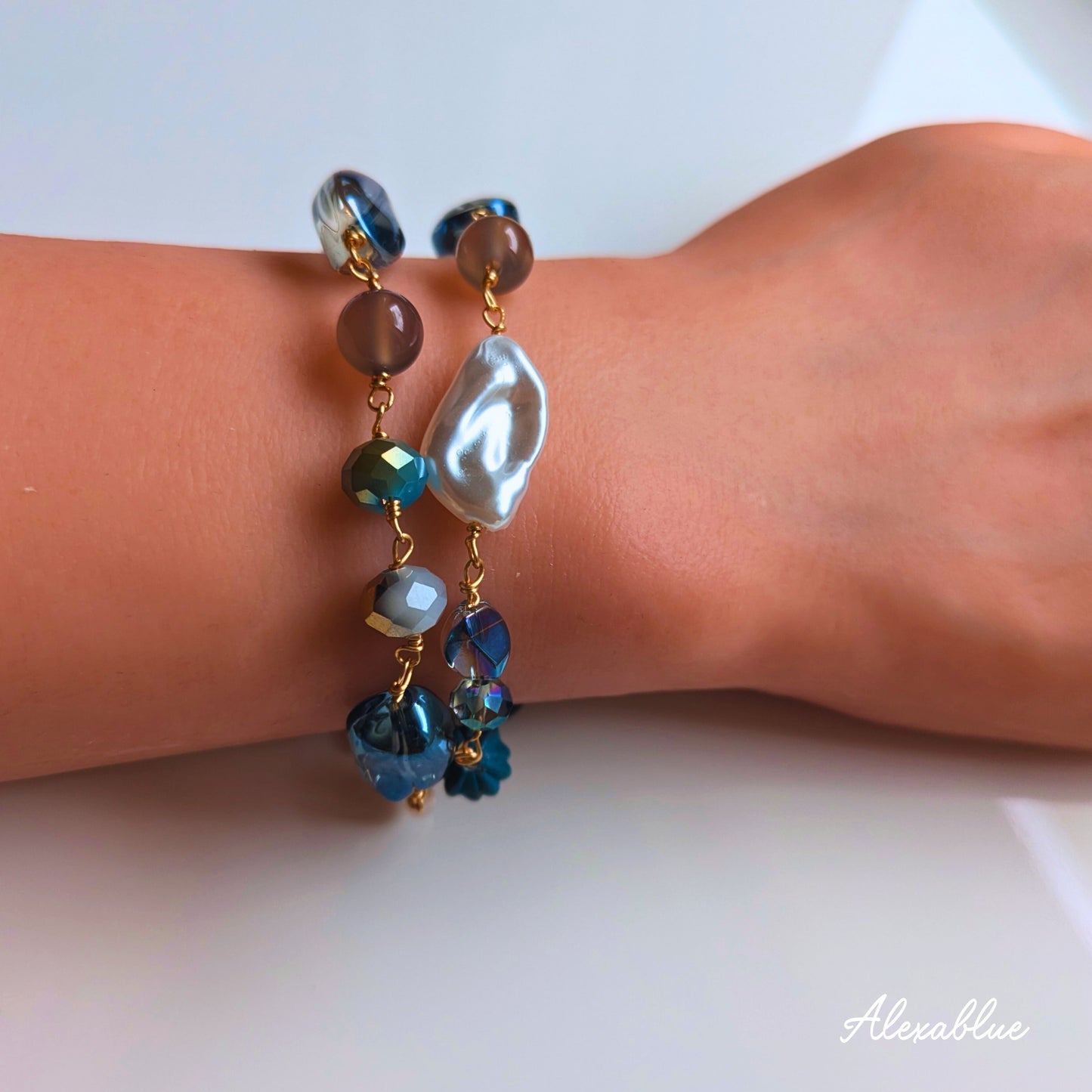 Blue Serenity | Blue Jade x Gray Onyx Double-Strand Bracelet | Natural Stone Power Stone Women's Statement Design Recommended for Parties