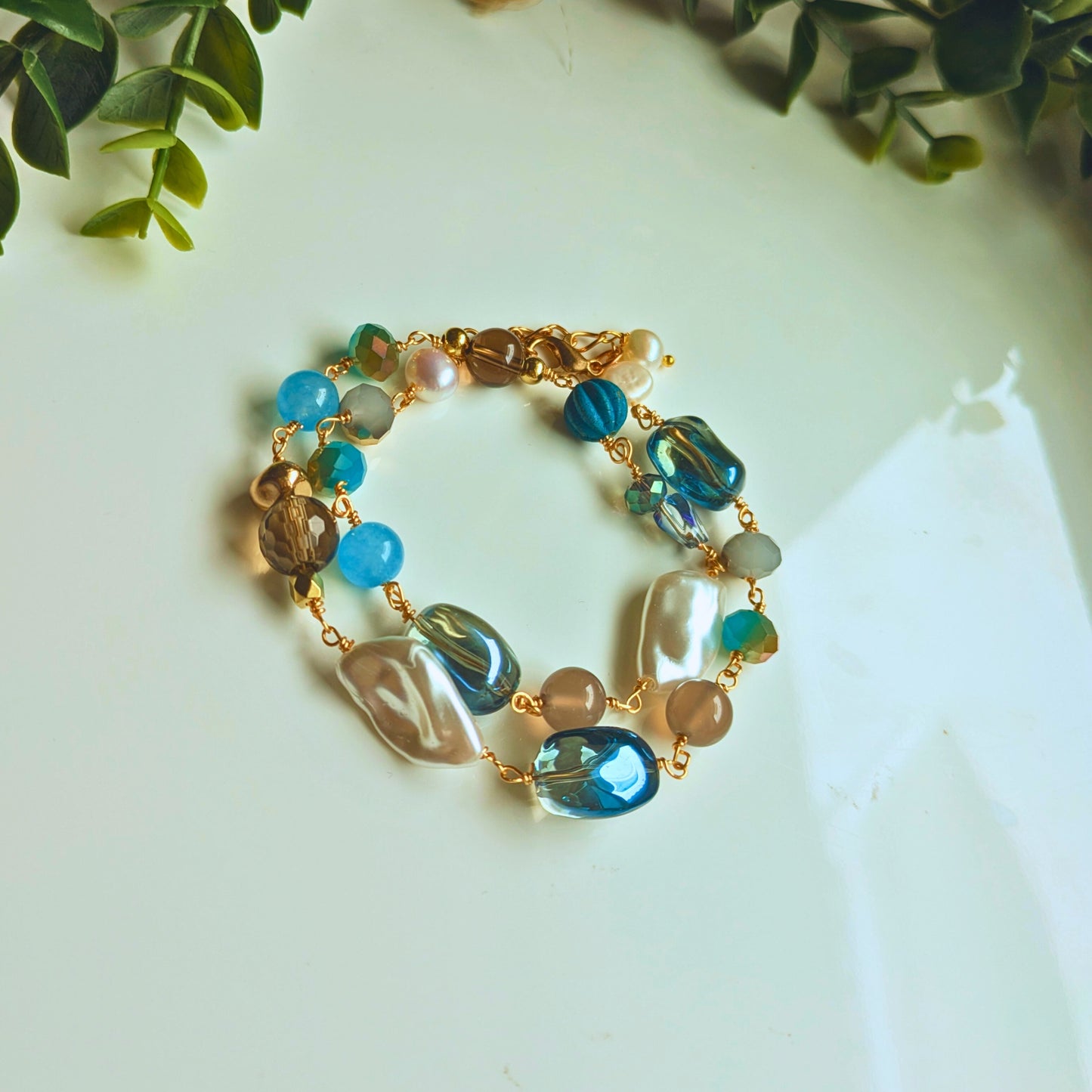 Blue Serenity | Blue Jade x Gray Onyx Double-Strand Bracelet | Natural Stone Power Stone Women's Statement Design Recommended for Parties