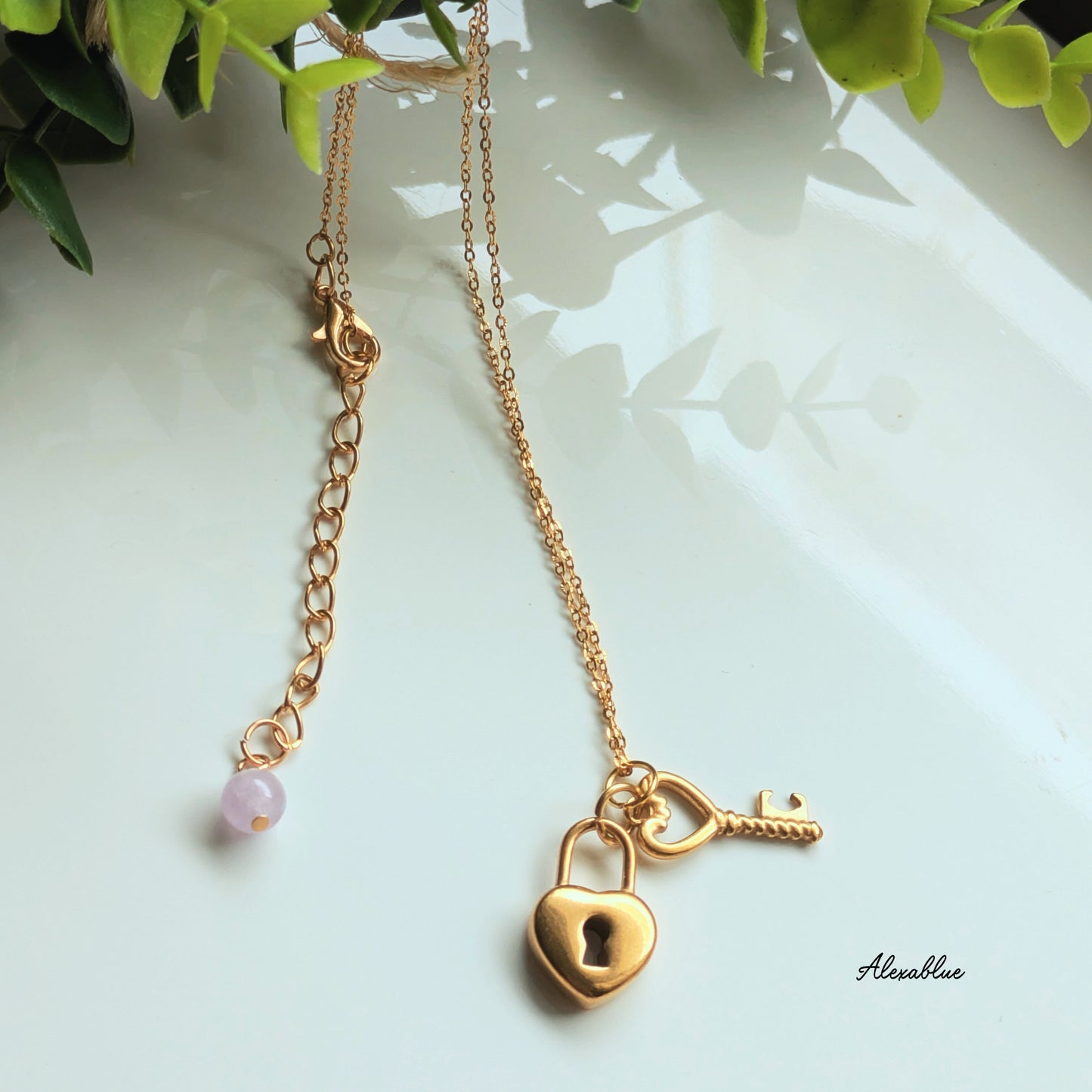 [With Natural Stone] Key Necklace, Heart, Lavender Amethyst, with Adjuster, Simple, Elegant
