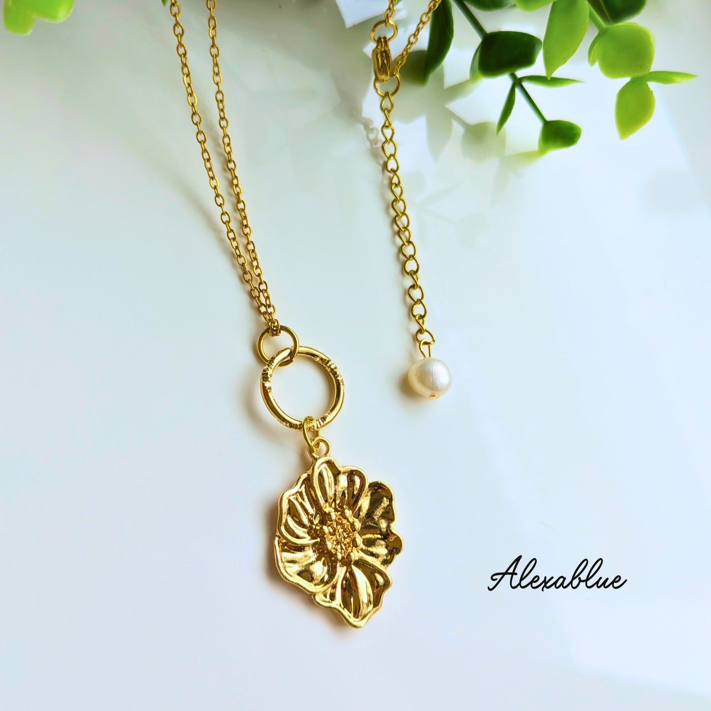 Long Necklace with Flower Charm and Freshwater Pearl | Delicate and Elegant Jewelry for Adults