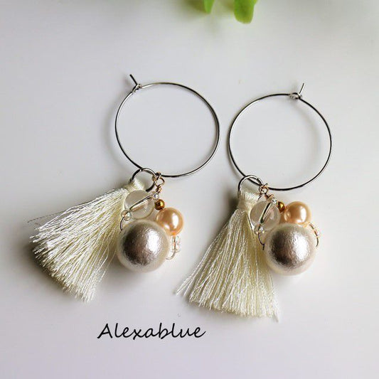 Cotton Pearl White Tassel Hoop Earrings Crystal Quartz Earrings April Birthstone cotton pearl tassel crystal earrings