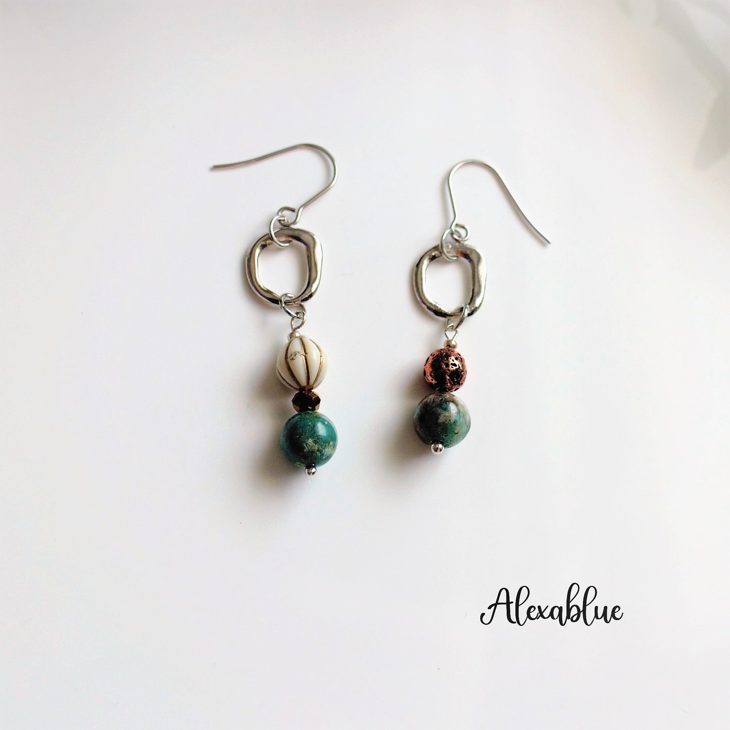 Asymmetrical Lava Bronze Earrings - Chrysocolla Earrings, Natural Stone Earrings, chrysocolla, lava, natural stone earrings