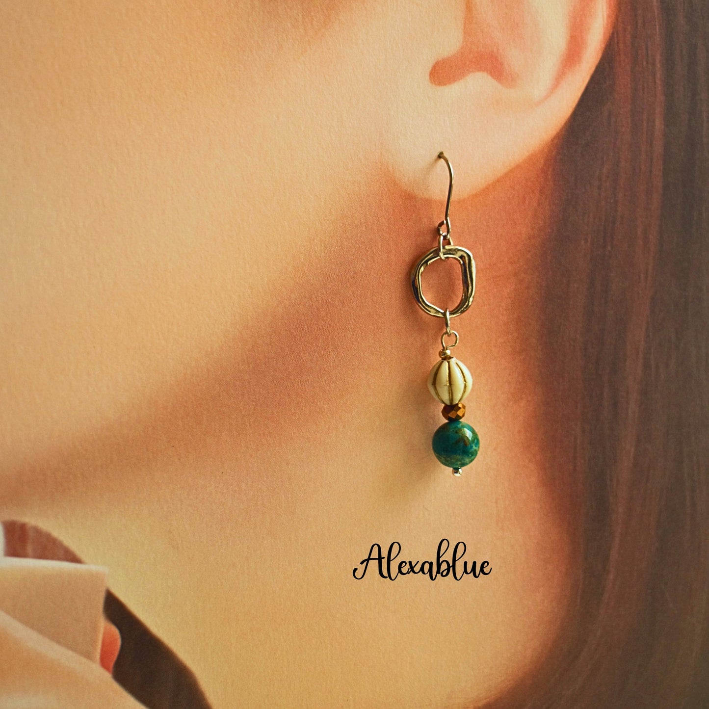 Asymmetrical Lava Bronze Earrings - Chrysocolla Earrings, Natural Stone Earrings, chrysocolla, lava, natural stone earrings