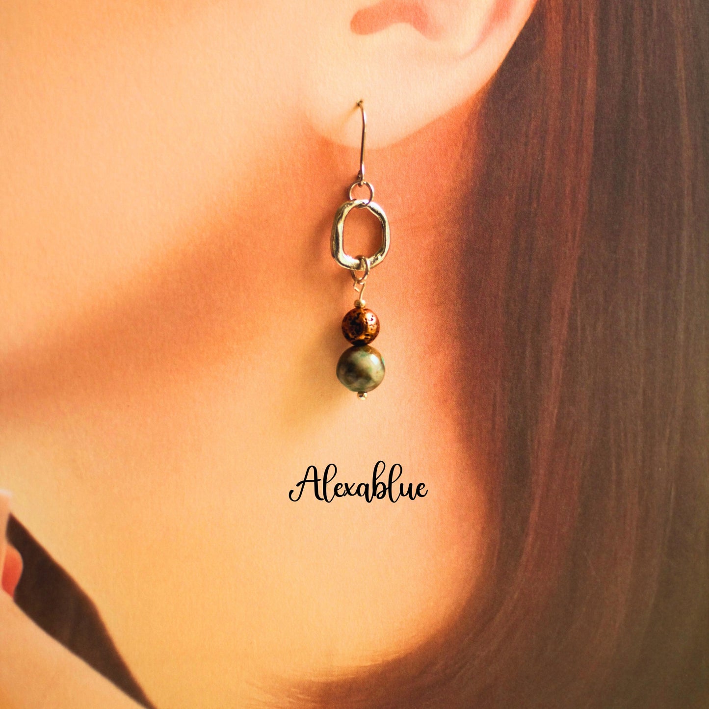 Asymmetrical Lava Bronze Earrings - Chrysocolla Earrings, Natural Stone Earrings, chrysocolla, lava, natural stone earrings