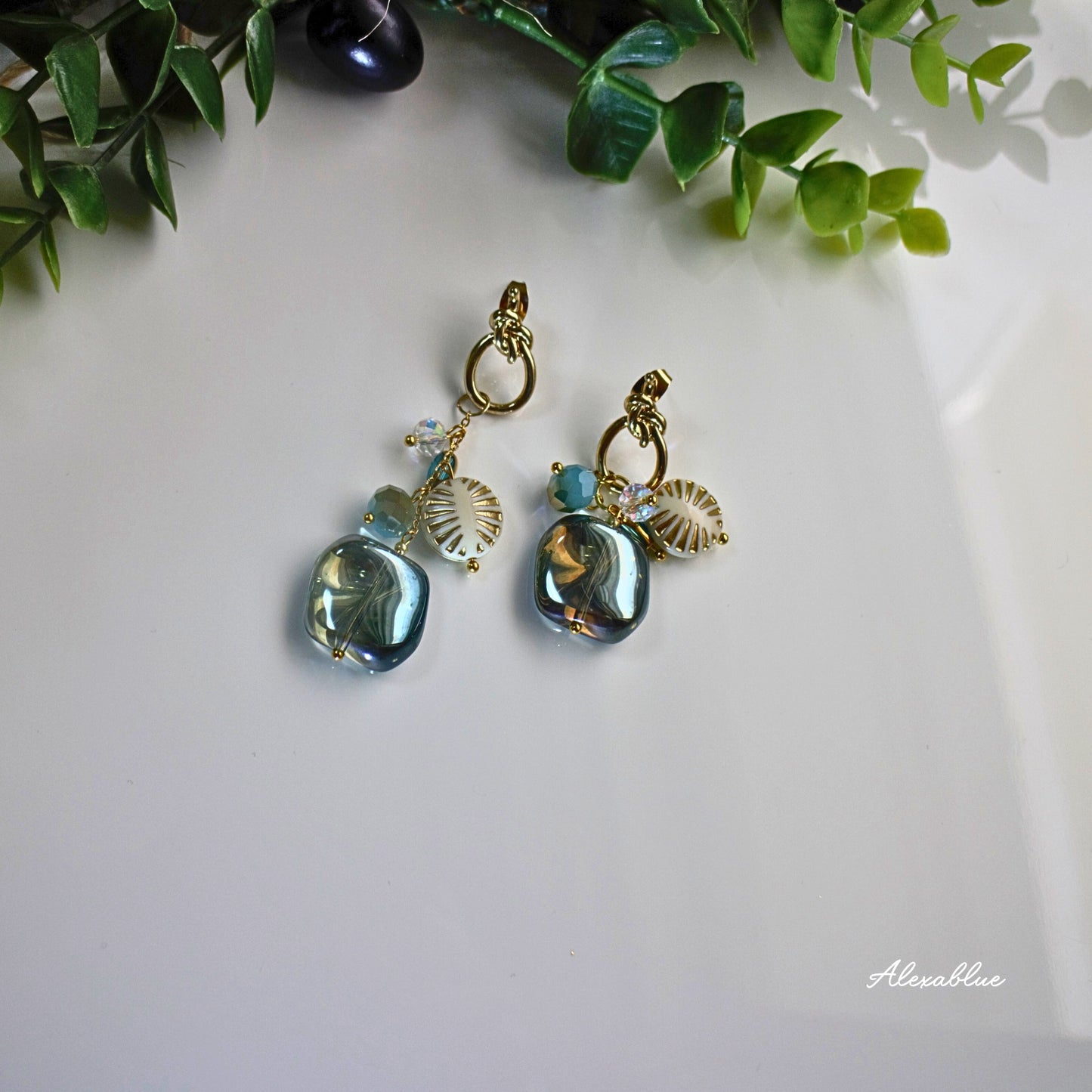 Blue Aurora Bead Asymmetrical Large Earrings