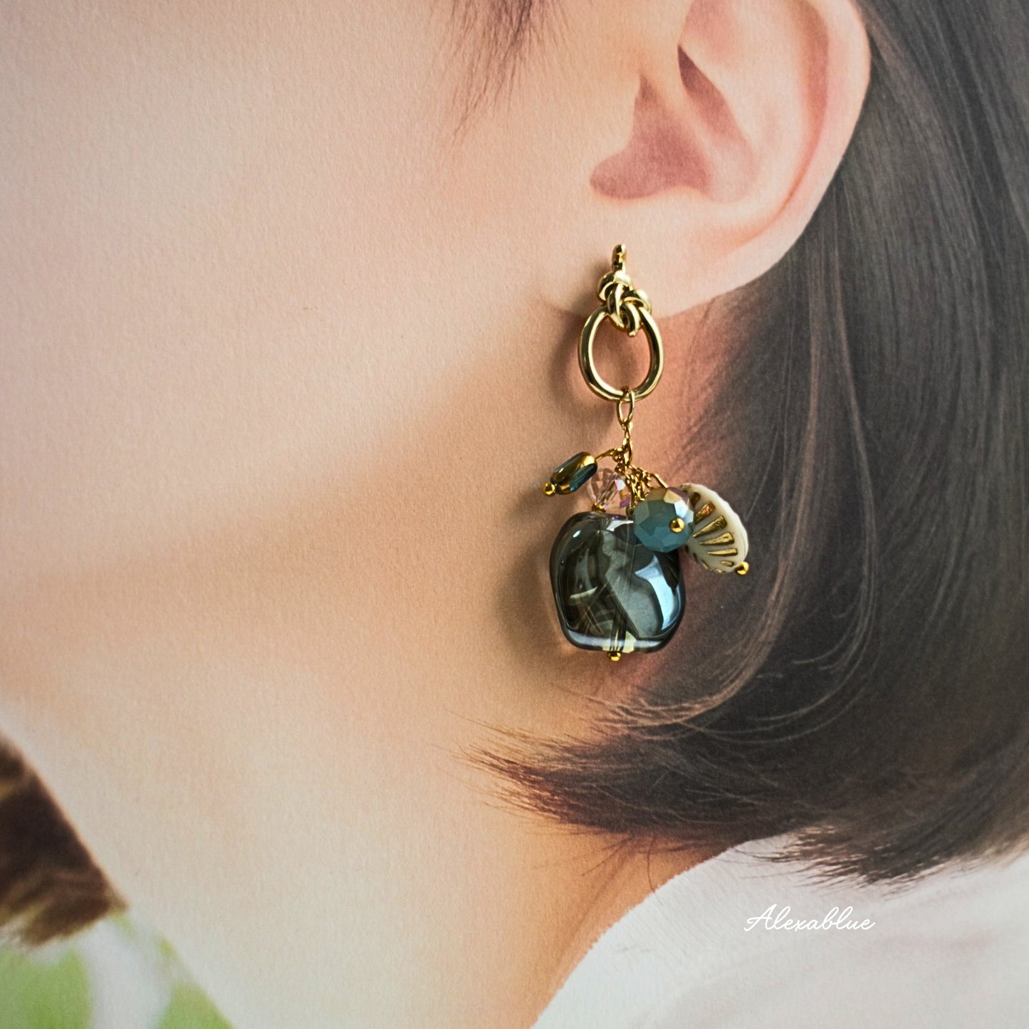 Blue Aurora Bead Asymmetrical Large Earrings