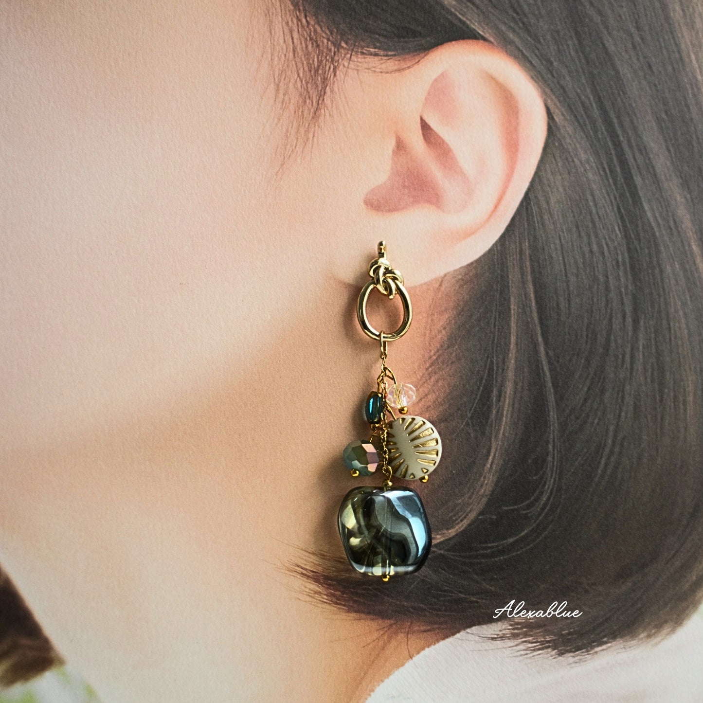 Blue Aurora Bead Asymmetrical Large Earrings