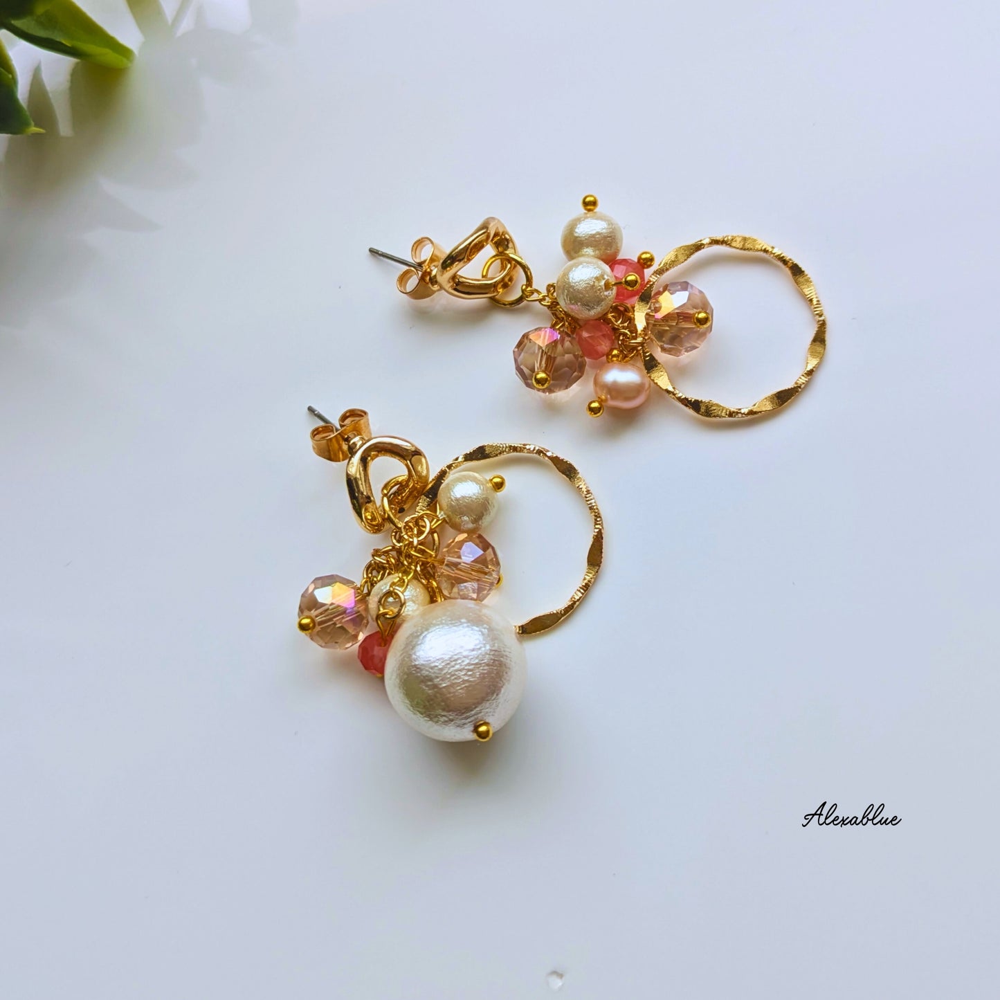 Cotton Pearl & Strawberry Quartz Asymmetrical Earrings - Natural Stone Earrings