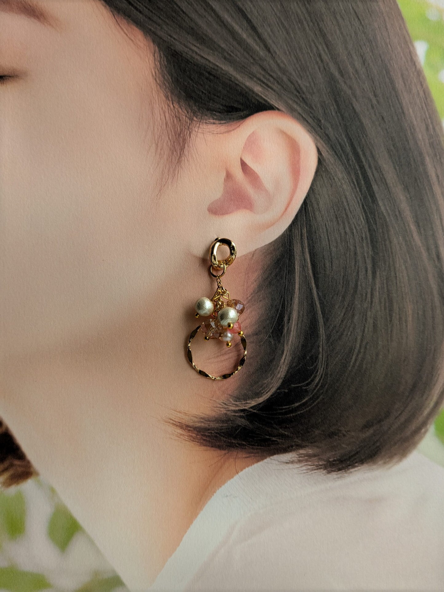 Cotton Pearl & Strawberry Quartz Asymmetrical Earrings - Natural Stone Earrings