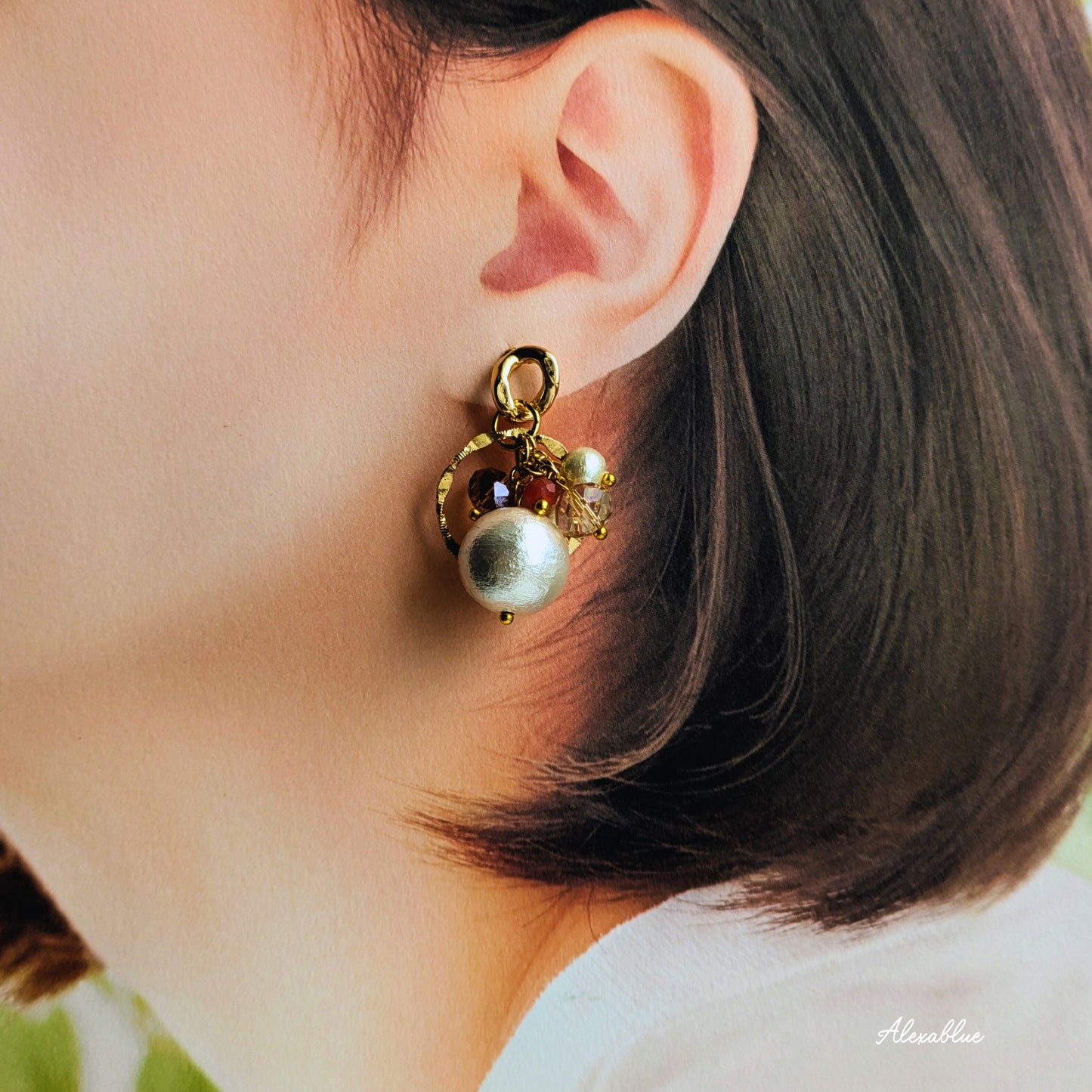 Cotton Pearl & Strawberry Quartz Asymmetrical Earrings - Natural Stone Earrings