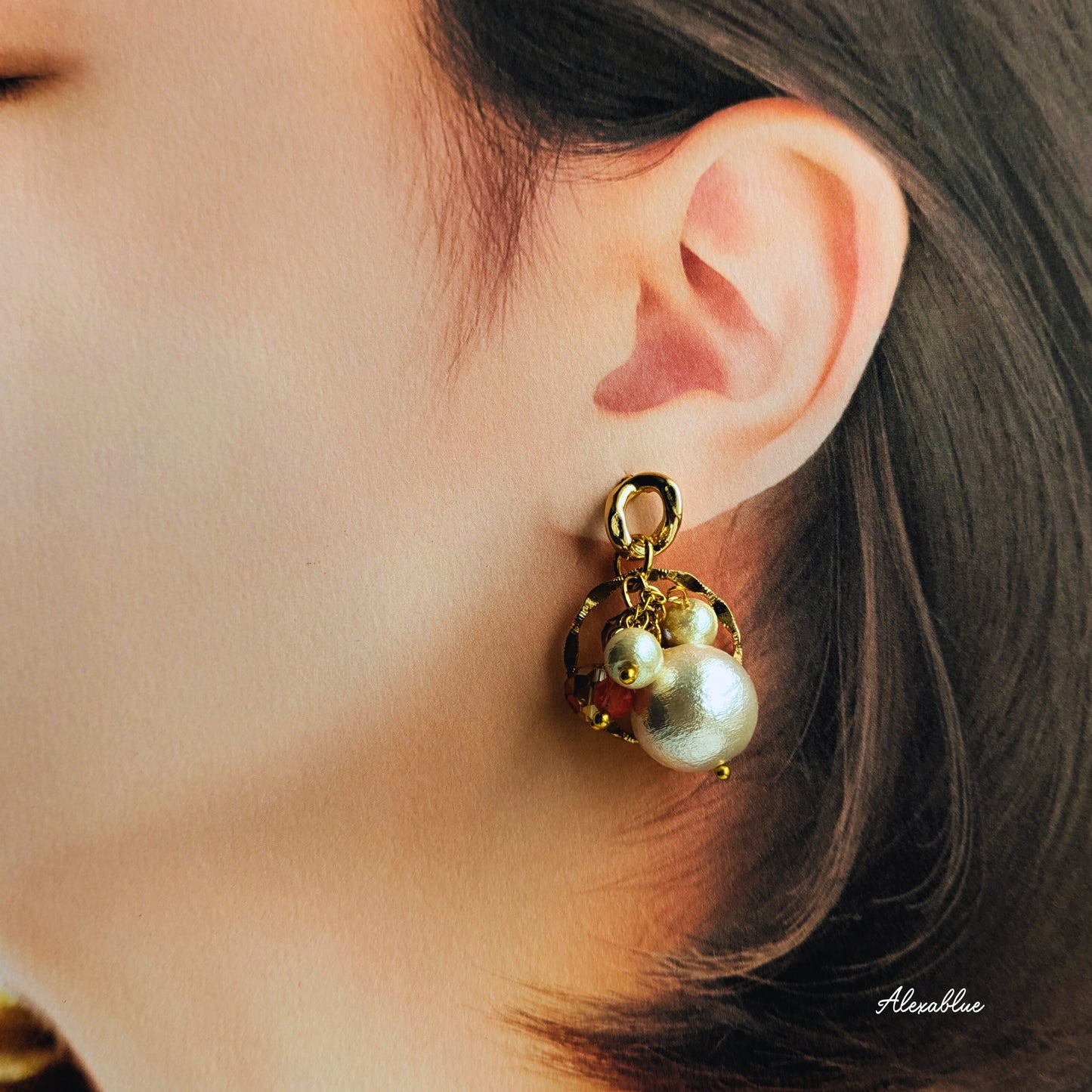Cotton Pearl & Strawberry Quartz Asymmetrical Earrings - Natural Stone Earrings