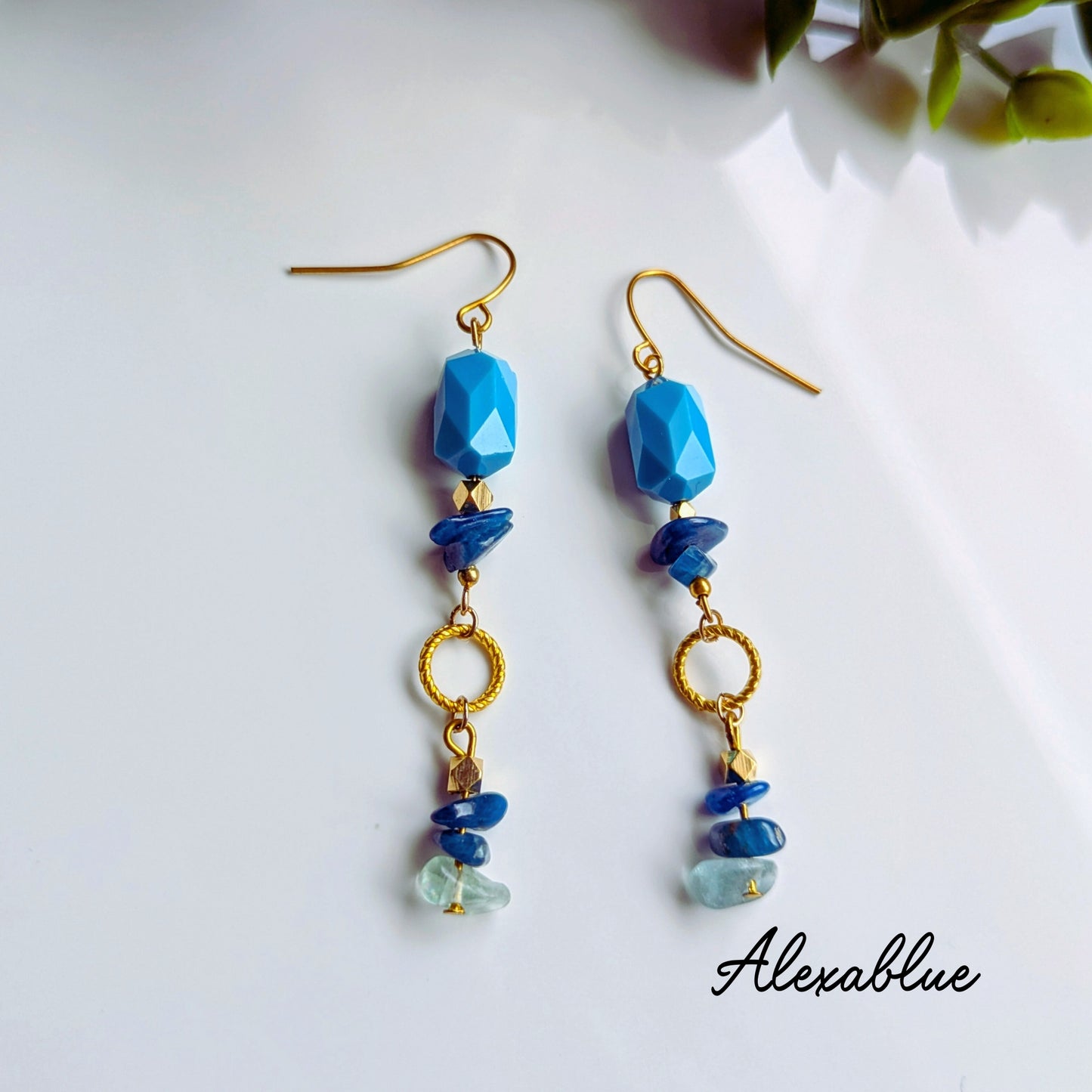 Kyanite & Fluorite Natural Stone Earrings with Turquoise Beads - Summer Accessory, Cool Colors, Handmade, Adult Casual, Perfect for Swimsuits